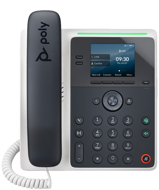 Poly 100 IP desk phone with basic monochrome display, simple keypad, and handset on the cradle.