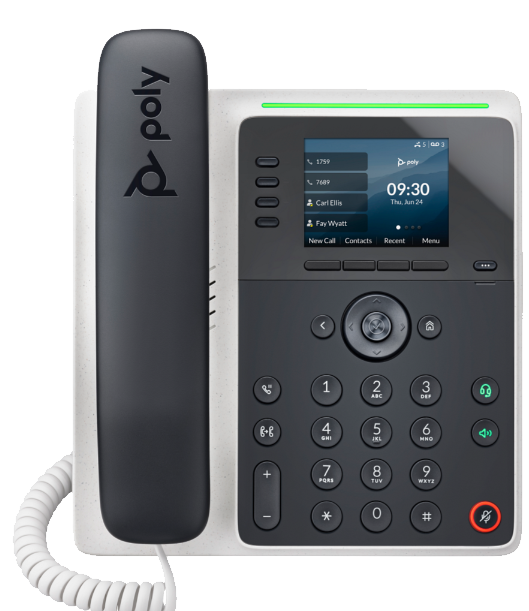Poly 220 IP desk phone with simple monochrome display, basic keypad, and handset resting on the cradle.