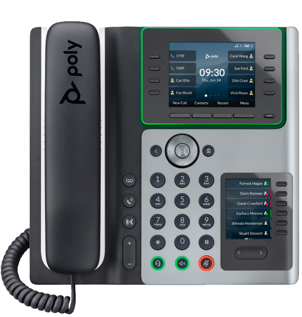 Poly 450 IP desk phone with color display, navigation keys, and handset on the cradle